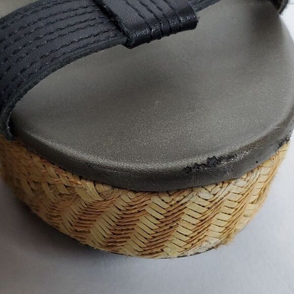 Black Leather T Strap Platform Wedge Open Toe Sandals Sz 9.5 - Picture 7 of 8